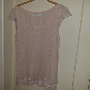 Loft soft peach pink embellished lace tee scoop xs